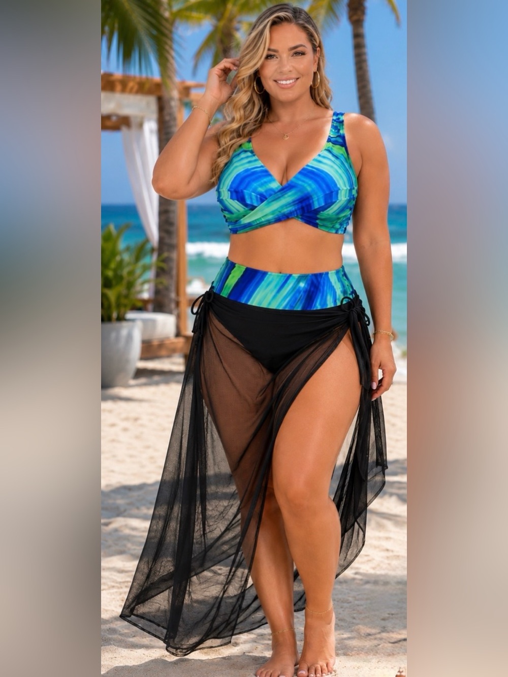 High-Waist BikiniSet in Vibrant Blue-Green Wave & Black - size 14